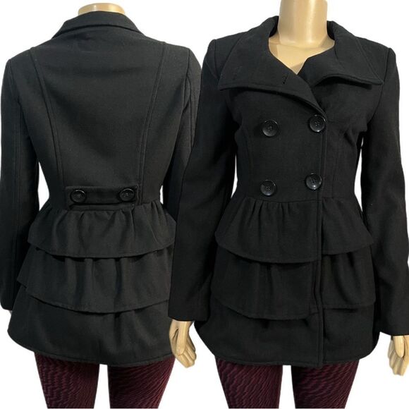 2B by Bebe Long Sleeve Tiered Coat Peacoat with Ruffles Black Small NWT - Picture 4 of 10